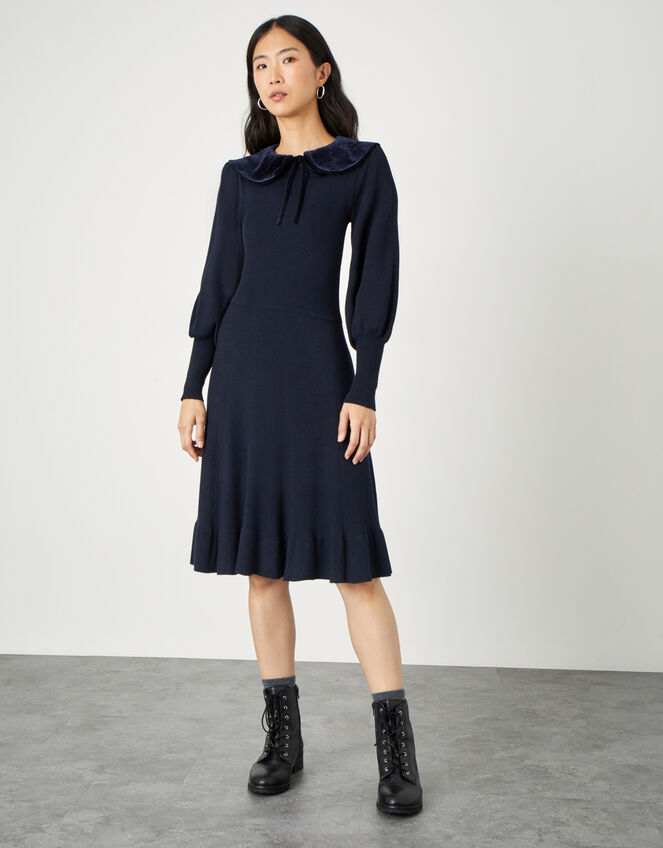 Velvet Tie Collar Long Sleeve Dress, Blue (NAVY), large