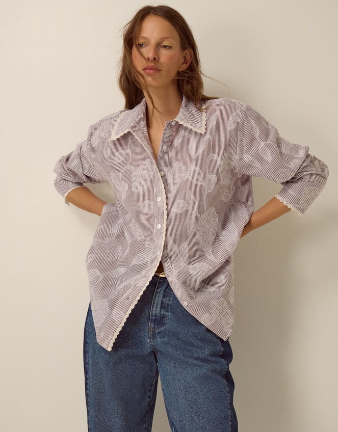 Ariella Jacquard Stripe Shirt, Brown (BROWN), large