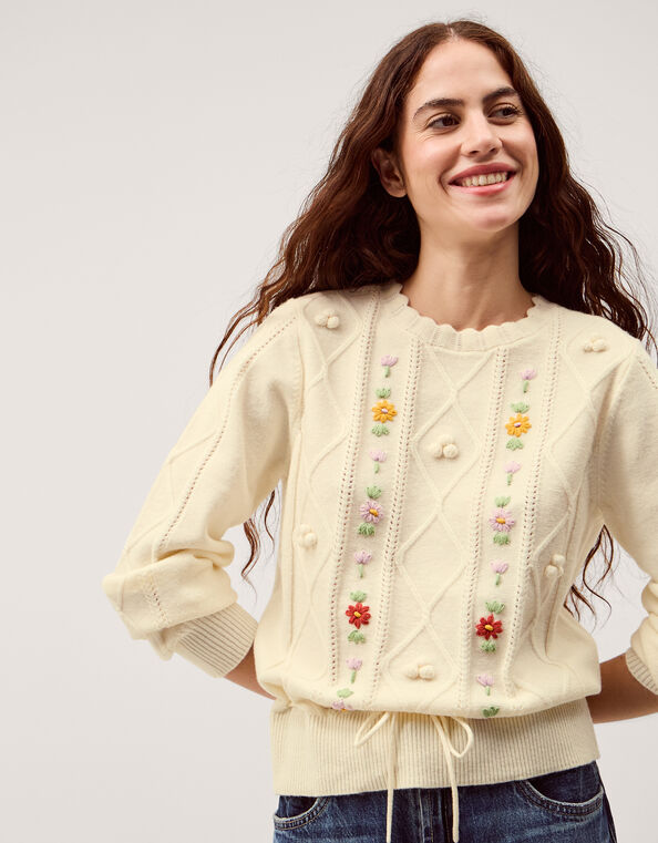 Elsie Floral Embroidered Cable Knit Sweater, Ivory (IVORY), large