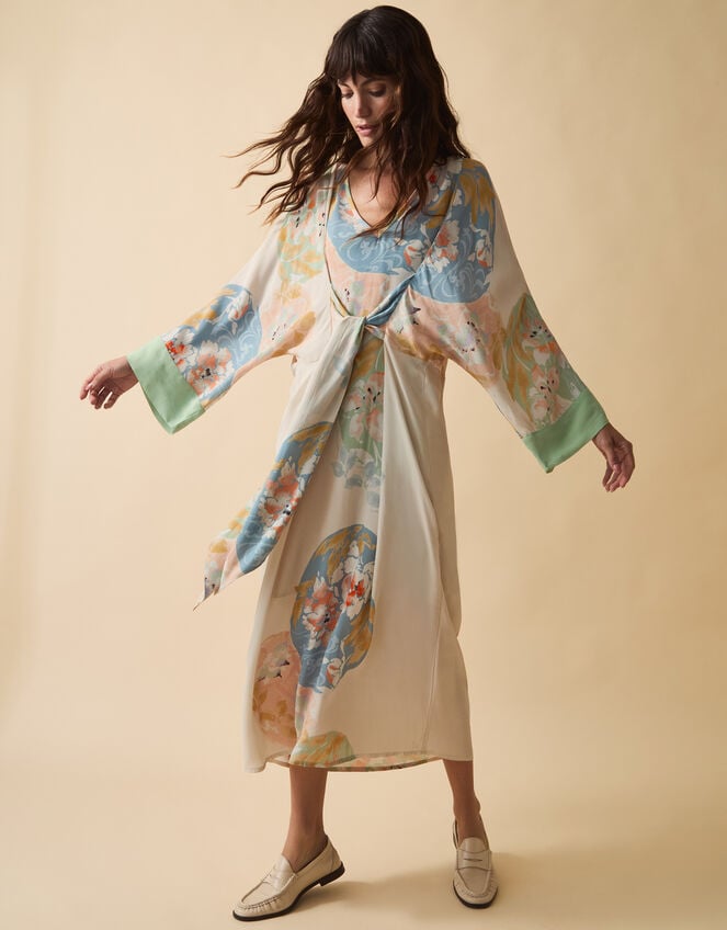 Clemence Amelie Tie Front Floral Midi Dress, Cream (CREAM), large