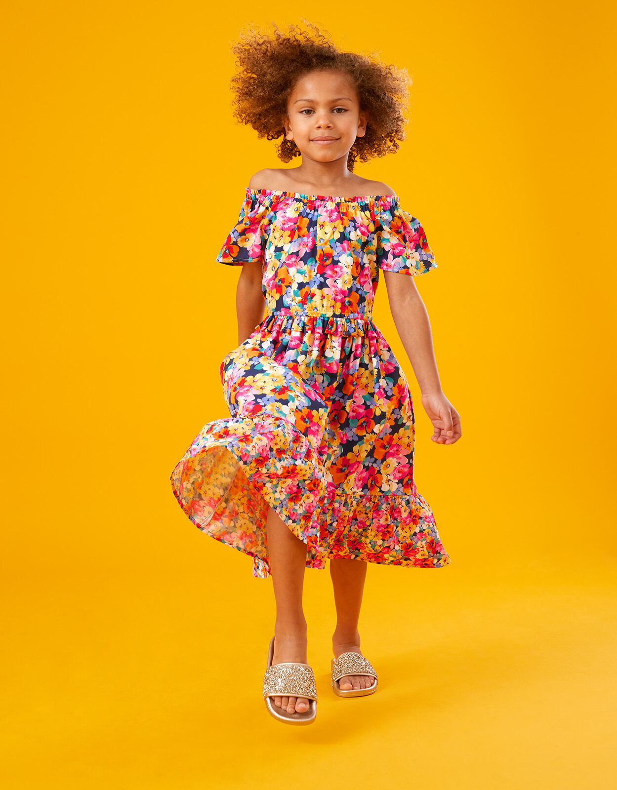 Multi Flower High Low Dress in Recycled Polyester Orange