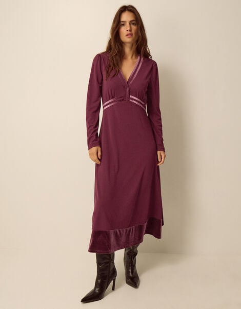 Viv Velvet V-Neck Jersey Midi Dress, Purple (AUBERGINE), large