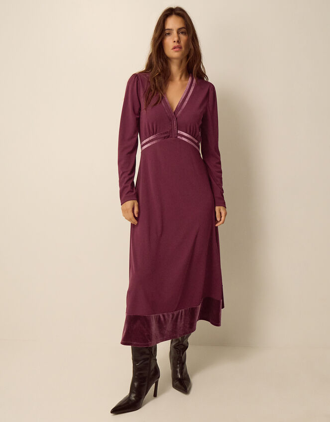 Viv Velvet V-Neck Jersey Midi Dress, Purple (AUBERGINE), large