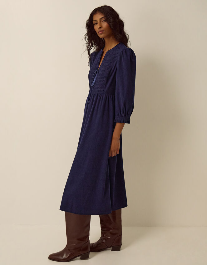 Sara Smocked Corduroy Midi Dress, Blue (MIDNIGHT), large