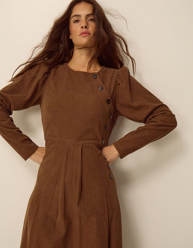 Silvia Button Stretch Corduroy Midi Dress, Tan (TAN), large