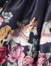 Floral Horse Print Satin Skirt, Blue (NAVY), large