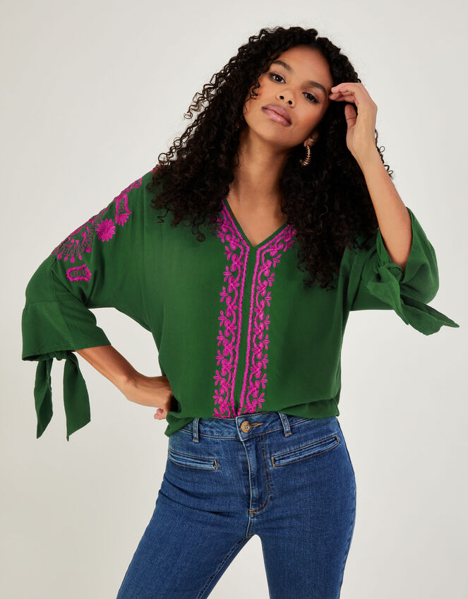 Christina Embroidered Top in Sustainable Viscose, Green (GREEN), large