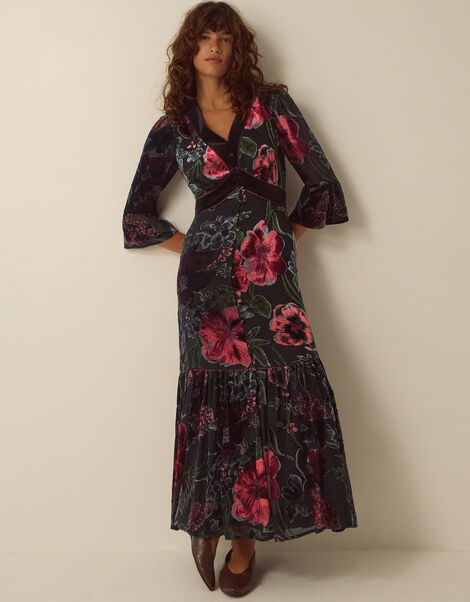Anya Floral Devor&eacute; Maxi Dress, Red (BURGUNDY), large
