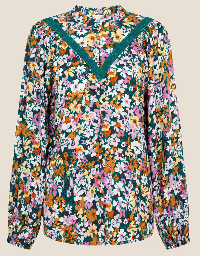 Floral Lace Detail Blouse in Sustainable Viscose, Green (GREEN), large