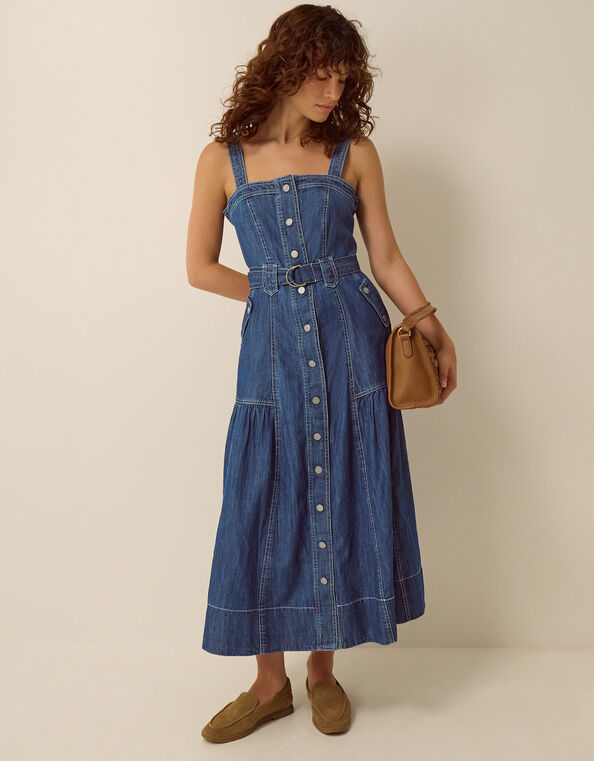 Chiara Belted Denim Midi Dress, Blue (MID AUTHENTIC BLUE), large