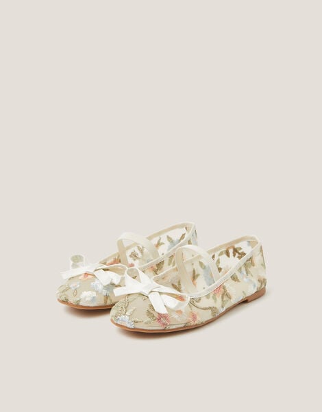 Floral Embroidered Mesh Ballet Flats, Ivory (IVORY), large