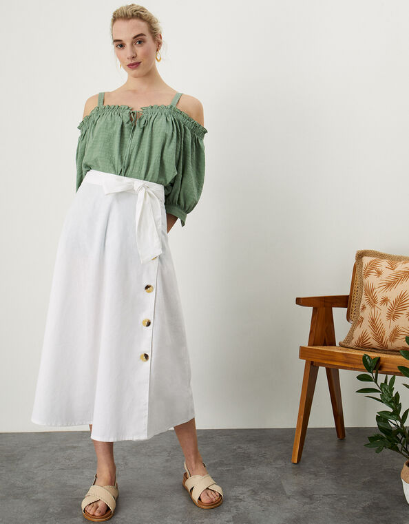 Mock Button Midi Skirt with Sustainable Cotton, White (WHITE), large