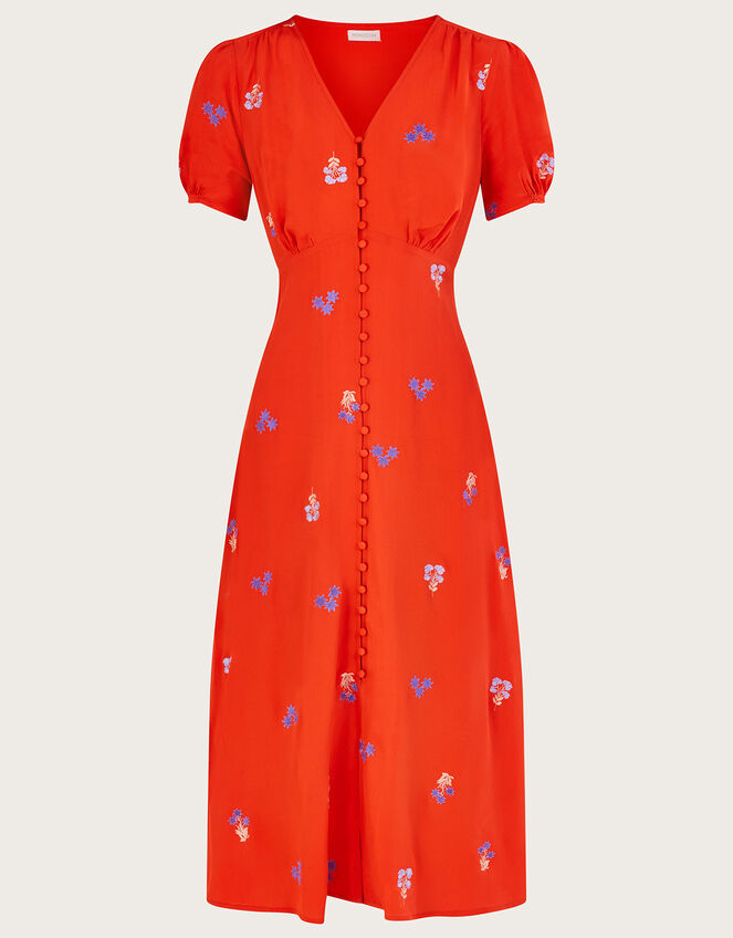 Ollie Embroidered Tea Dress in Sustainable Viscose Orange Day Dresses