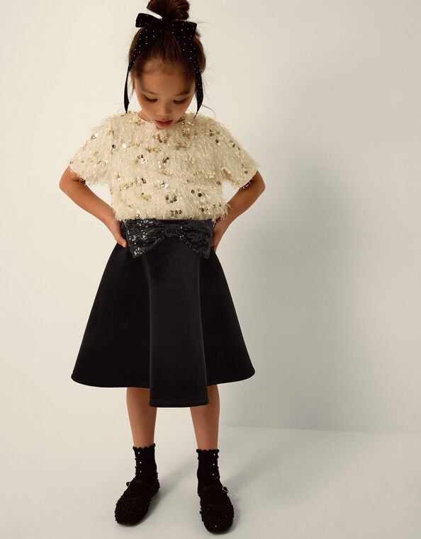 Sequin Bow Velvet Skirt, Black (BLACK), large