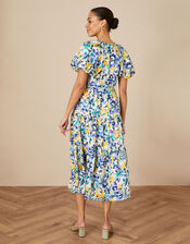 Floral Tiered Wrap Dress in Recycled Polyester, Blue (BLUE), large