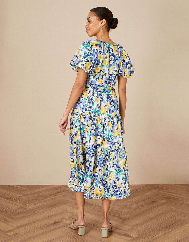 Floral Tiered Wrap Dress in Recycled Polyester, Blue (BLUE), large