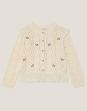 Embroidered Frill Pointelle Cardigan, Ivory (IVORY), large