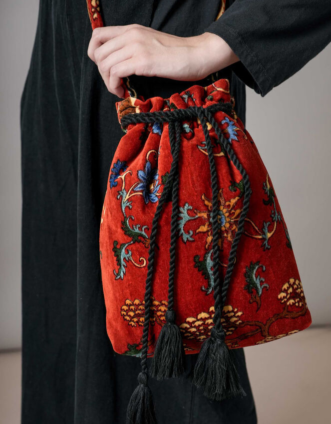 One Hundred Stars Dragon Velvet Tassel Bag, Orange (RUST), large
