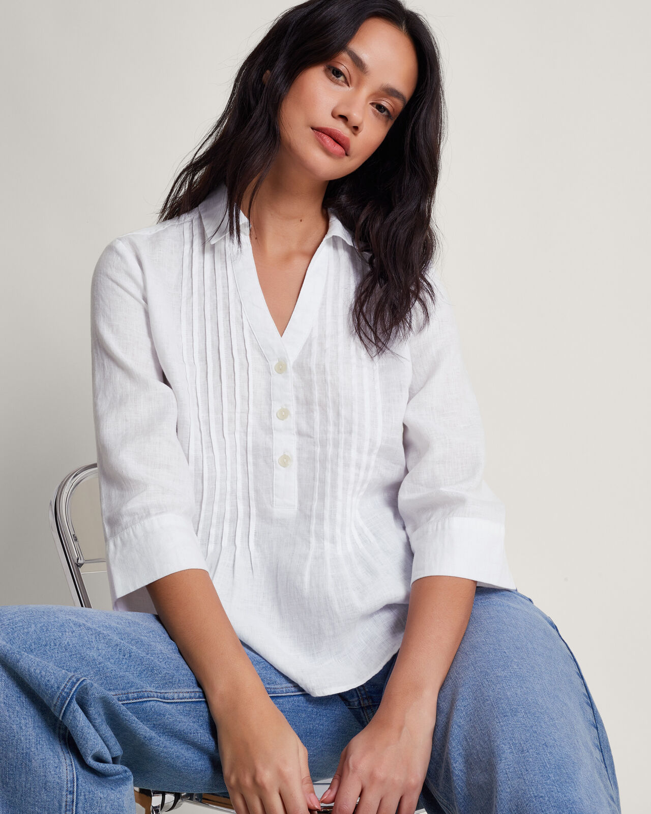 Elsie Pintuck Linen Blouse White Tops T shirts Monsoon Global