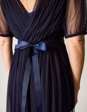 Ellie Sheer Sleeve Plunge Tulle Maxi Dress, Blue (NAVY), large
