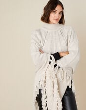 Tassel Cable Knit Poncho , , large