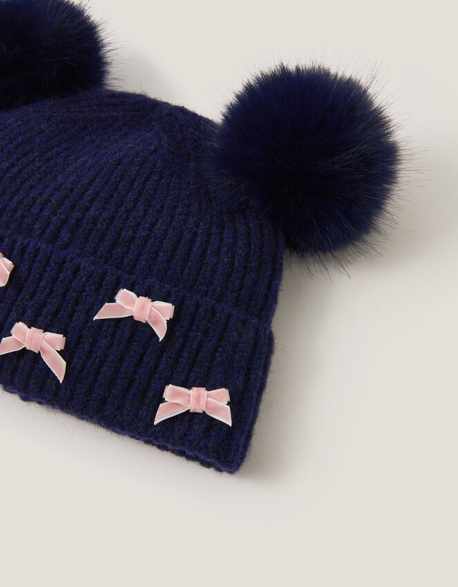 Fluffy Pom Bow Beanie Hat, Blue (NAVY), large