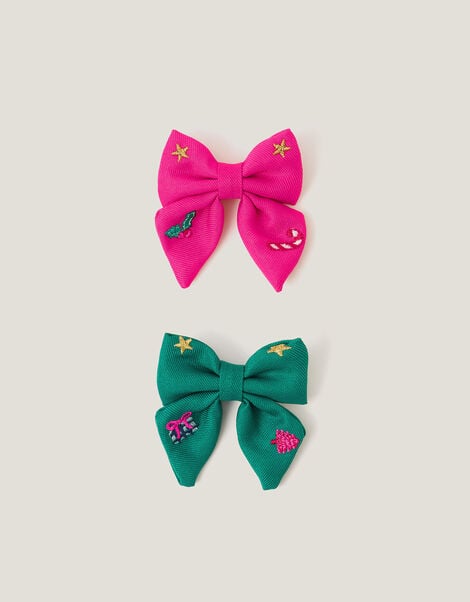 2-Pack Christmas Embroidered Bow Hair Clips, , large