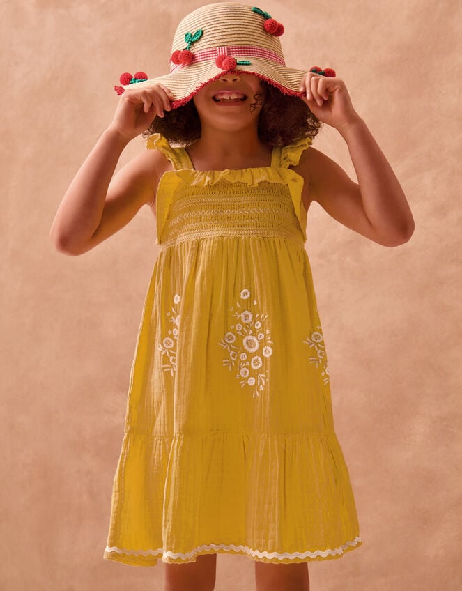 Floral Embroidered Frill Dress, Yellow (YELLOW), large