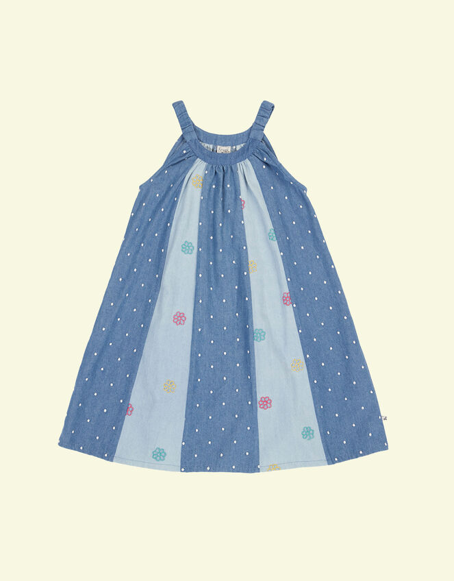 Frugi Embroidered Denim Trapeze Dress, Blue (BLUE), large