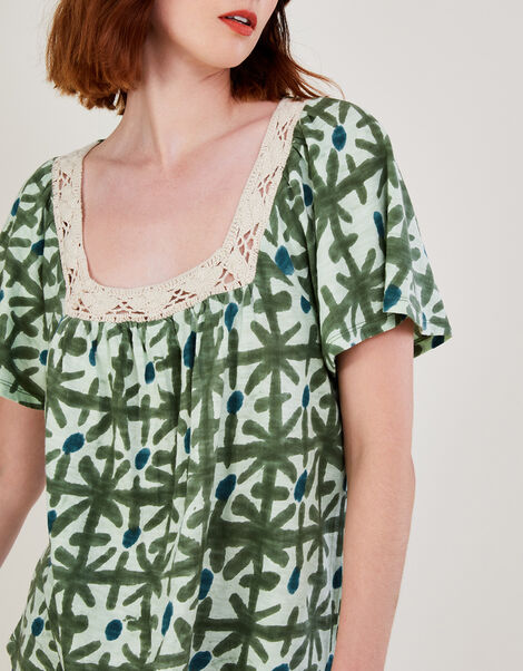 Ikat Crochet Trim Jersey Top in Organic Cotton Green, Green (GREEN), large