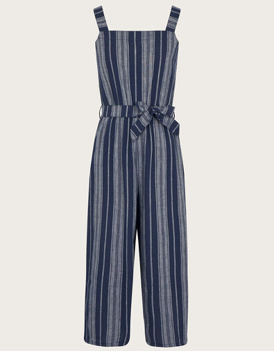 Stripe Belted Jumpsuit in Linen Blend Blue, Blue (NAVY), large