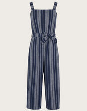 Stripe Belted Jumpsuit in Linen Blend, Blue (NAVY), large