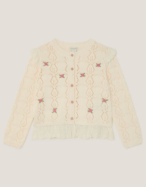 Embroidered Frill Pointelle Cardigan, Ivory (IVORY), large
