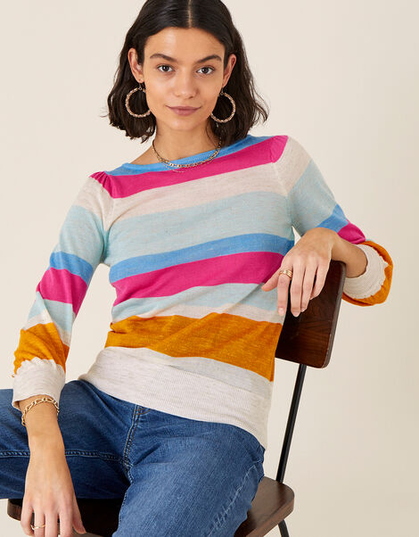 Stripe Jumper in Linen Blend Orange, Orange (ORANGE), large