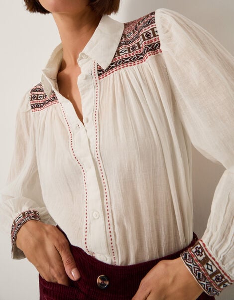 Felicity Embroidered Cotton Shirt, White (WHITE), large