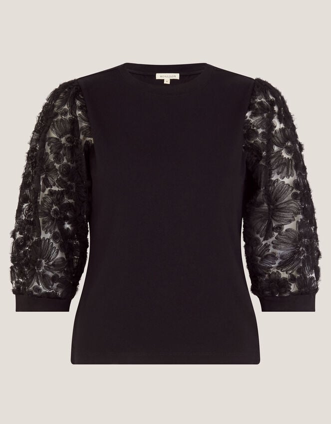 Flavia Sheer Appliqué Sleeve Top, Black (BLACK), large