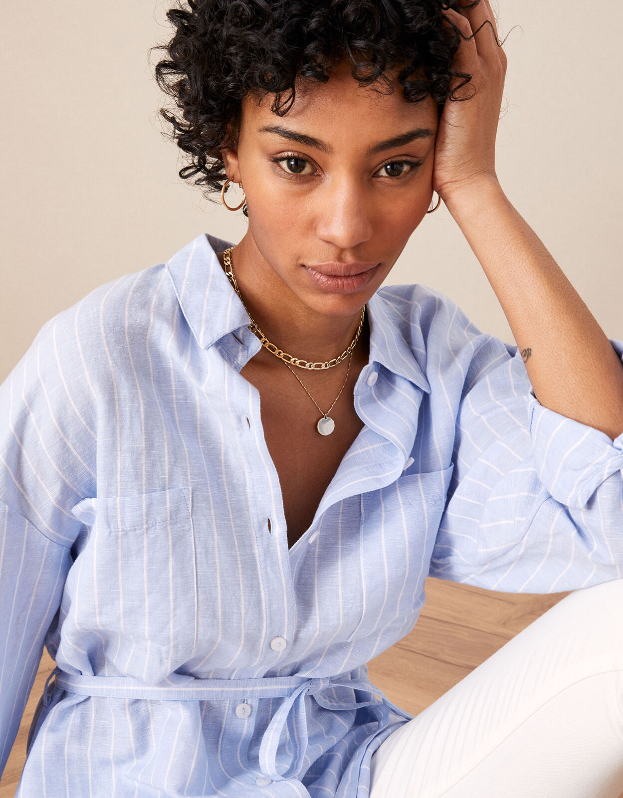 Stripe Longline Shirt in Linen Blend Blue Tops T shirts