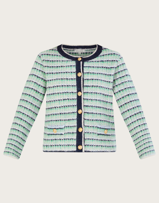 Round Neck Stripe Cardigan, Green (GREEN), large