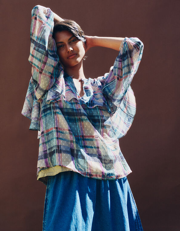 East Clarissa Hand-Painted Check Print Blouse, Teal (TEAL), large