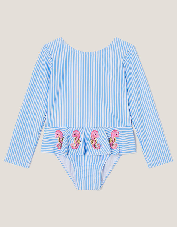 Baby Seahorse Stripe UPF50+ Long Sleeve Swimsuit, Blue (BLUE), large