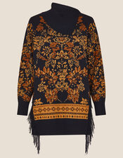 Floral Jacquard Fringed Jumper, Black (BLACK), large