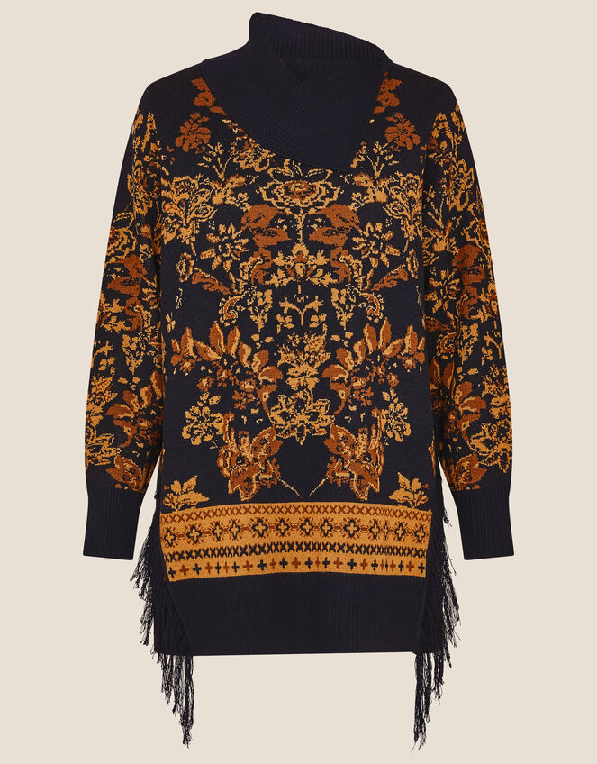 Floral Jacquard Fringed Jumper, Black (BLACK), large