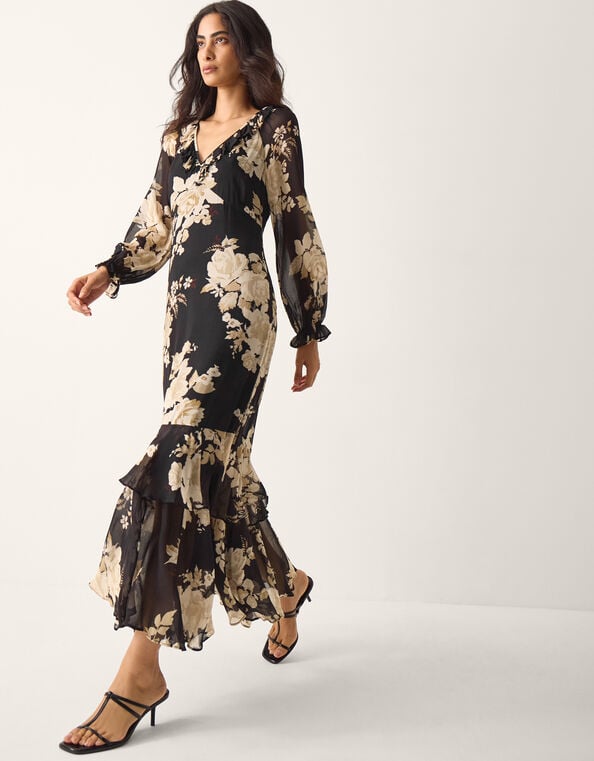 Rowena Floral Print Ruffle Maxi Dress, Black (BLACK), large