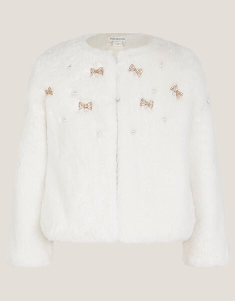 Embellished Faux Fur Coat, Ivory (IVORY), large