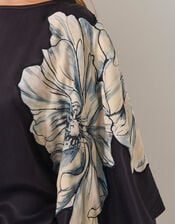 Emilia Floral Satin Kimono Dress, Black (BLACK), large