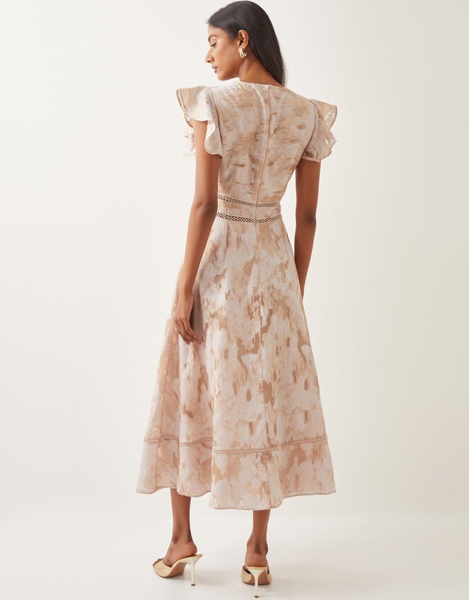 Josie Flutter Sleeve Floral Jacquard Midi Dress, Pink (BLUSH), large