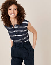 Stripe Sleeveless Top in Linen Blend, Blue (NAVY), large