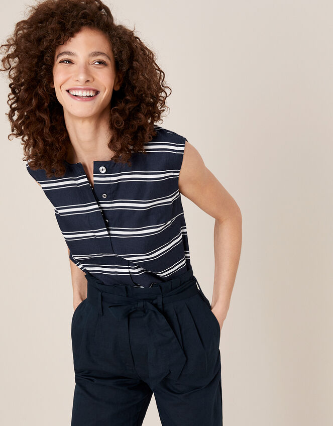 Stripe Sleeveless Top in Linen Blend, Blue (NAVY), large