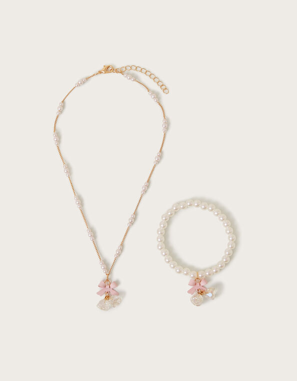 Belle Bow Pendant Pearl Necklace and Bracelet Set, , large