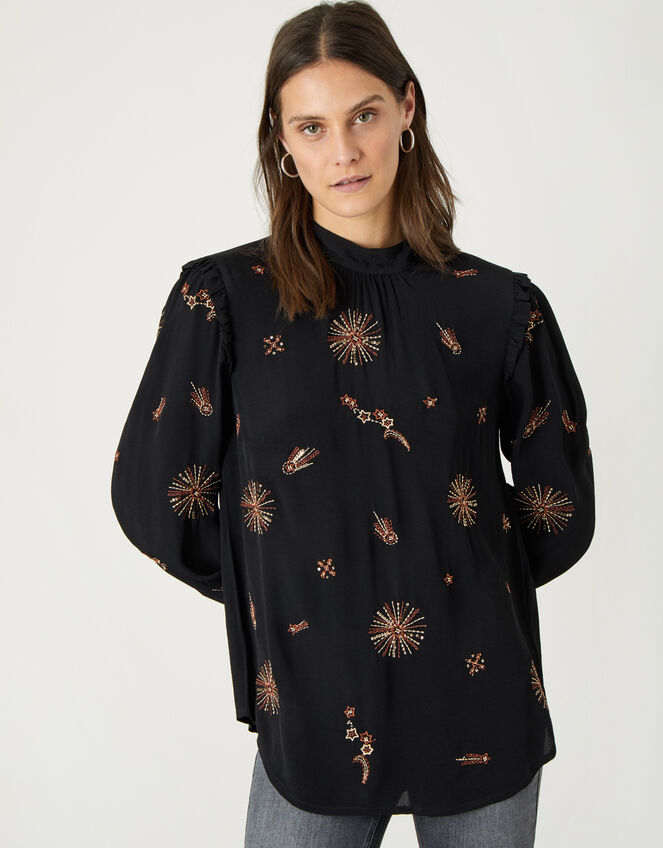 Star Embellished Blouse in Sustainable Viscose, Black (BLACK), large